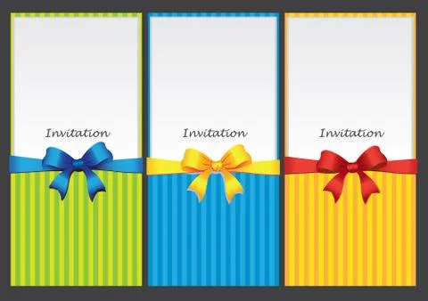 Three vertical invitation card design with ribbons and stripes patterns Stock Illustration