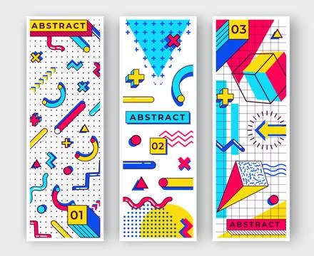 Three vertical memphis banners. Abstract 90s trends elements with multicolo.. Stock Illustration
