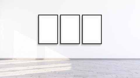 Three vertical modern black frame mock up in a white room, 3d illustration of a Stock Illustration