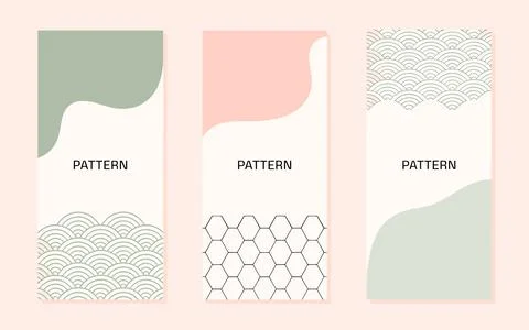 Three vertical panels with abstract patterns and text Stock Illustration