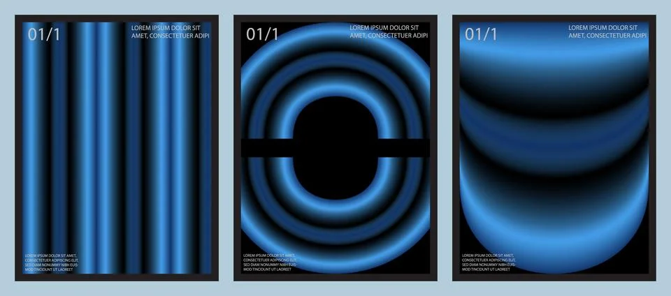 Three vertical poster designs feature striking abstract blue gradients agains Stock Illustration
