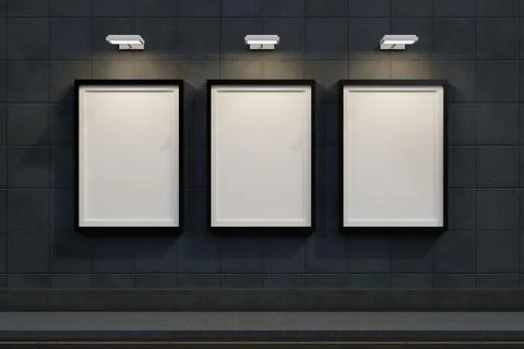 Three vertical poster frame mockups on black stone wall Stock Illustration