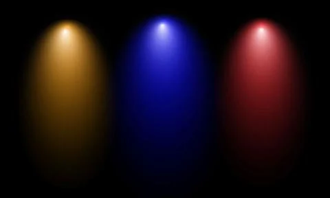 Three vertical spotlights with yellow blue and red light beams on a black b.. Illustrazione stock
