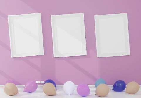 Three vertical white frame mockup, golden frame on pink wall, 3d illustration 库存插图