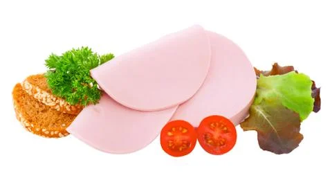 Three very thin slices of boiled sausage isolated Stock Photos