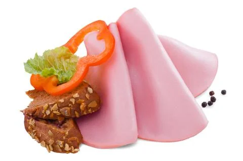 Three very thin slices of boiled sausage isolated on white Stock Photos