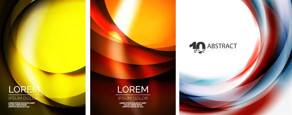Three vibrant abstract backgrounds. Each features swirling shapes, bold color Stock Illustration