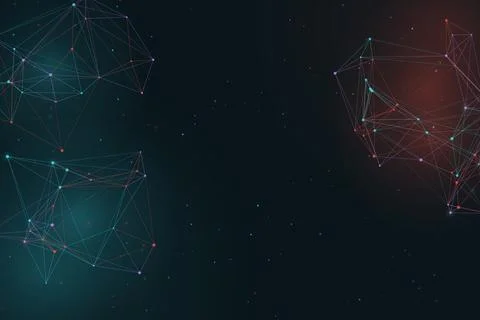 Three vibrant geometric clusters of interconnected nodes float against a da.. Stock Illustration