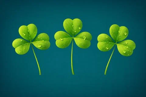 Three Vibrant Green Shamrocks with Dew Droplets on Teal Background Stock Illustration