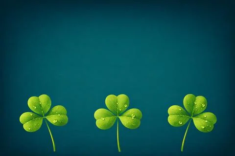 Three Vibrant Green Shamrocks with Dew Drops on a Teal Background Illustrazione stock