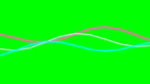 Three vibrant neon wavy lines flowing across a solid chroma key green screen Video stock 341824334