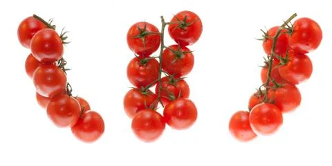 Three views of a branch of tomatoes on white background Stock Photos