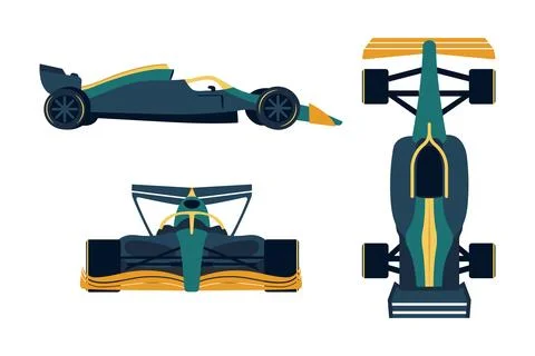 Three views of Formula 1 racing car - side, top, front. Transport of extreme Illustrazione stock