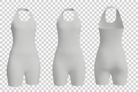 Three views (front, angled, back) of a light grey, plain, form-fitting Foto stock