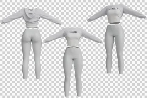 Three views of a light grey two-piece athleisure set a cropped long-sleeve Stock Illustration