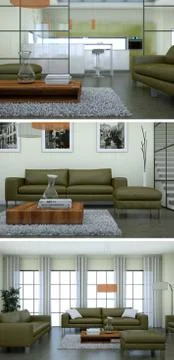 Three views of modern interior loft design with sofas Illustrazione stock