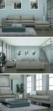 Three views of modern interior loft design with sofas Stock Illustration