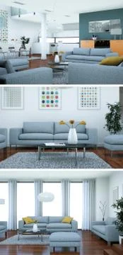 Three views of modern interior loft design with sofas 스톡 일러스트