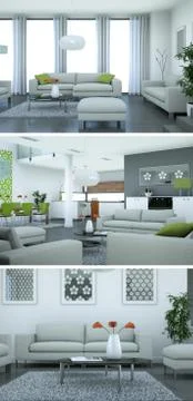Three views of modern interior loft design with sofas Illustrazione stock