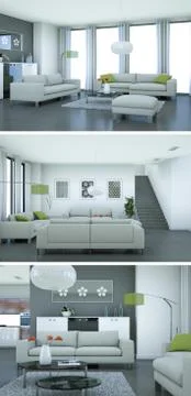 Three views of modern interior loft design with sofas Stockillustratie