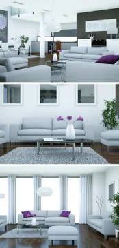 Three views of modern interior loft design with sofas 库存插图