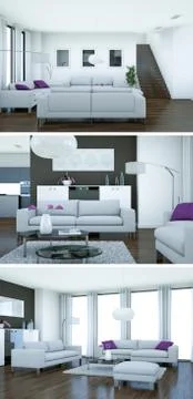 Three views of modern interior loft design with sofas 스톡 일러스트