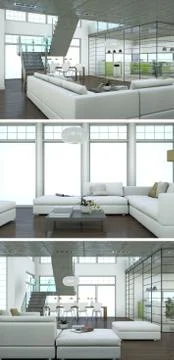 Three views of modern interior loft design with sofas Illustrazione stock