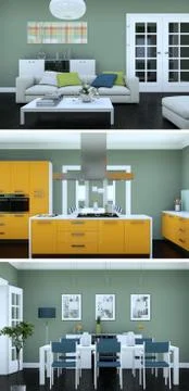 Three views of modern interior loft design Stock Illustration