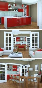 Three views of modern interior loft design Stock Illustration