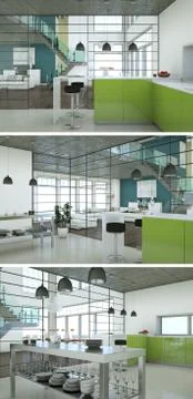 Three views of modern interior loft design Stock Illustration