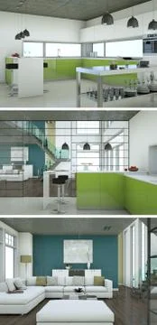 Three views of modern interior loft design Stock Illustration