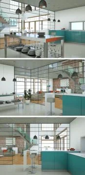 Three views of modern interior loft design Stock Illustration