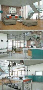 Three views of modern interior loft design Illustrazione stock