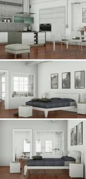 Three views of modern interior loft design Stock Illustration