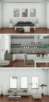 Three views of modern interior loft design Stock Illustration