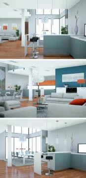 Three views of modern interior loft design with sofas Stock Illustration