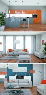 Three views of modern interior loft design with sofas Stock Illustration