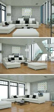 Three views of modern interior loft design with sofas Illustrazione stock