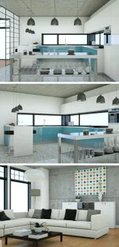 Three views of modern interior loft design with sofas Illustrazione stock