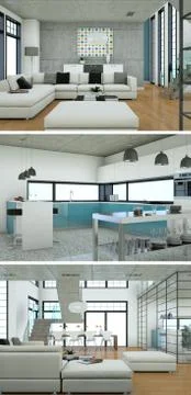 Three views of modern interior loft design with sofas 库存插图