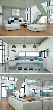 Three views of modern interior loft design with sofas Stock Illustration