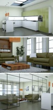 Three views of modern interior loft design with sofas Illustrazione stock