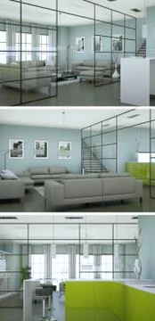 Three views of modern interior loft design with sofas Illustrazione stock