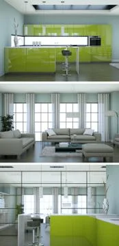 Three views of modern interior loft design with sofas 库存插图