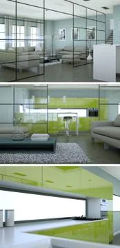 Three views of modern interior loft design with sofas Illustrazione stock
