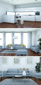 Three views of modern interior loft design with sofas Stock Illustration