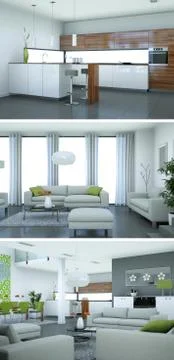 Three views of modern interior loft design with sofas 스톡 일러스트