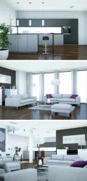Three views of modern interior loft design with sofas Illustrazione stock