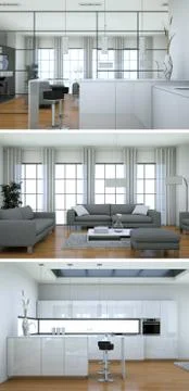 Three views of modern interior loft design with sofas Stock Illustration