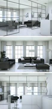 Three views of modern interior loft design with sofas Illustrazione stock